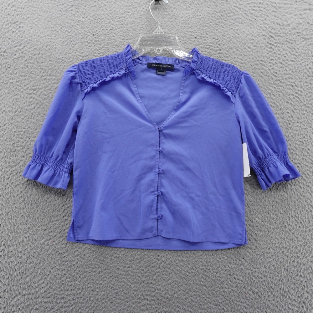French‎ Connection Womens Button Front Ruffle VNeck Blouse Blue Size 2 NEW